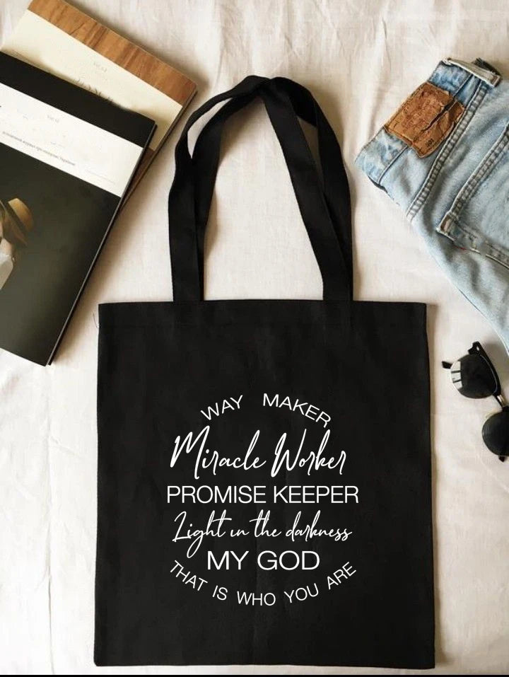 “Way Maker, Miracle Worker” Christian Canvas Tote Bag – Faith, Hope, Love Design