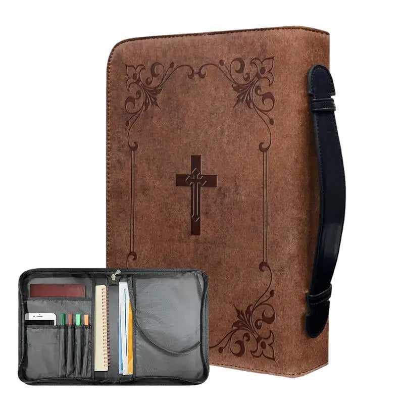Classic Print Bible Bag – PU Leather Zippered Carrying Case with Handle