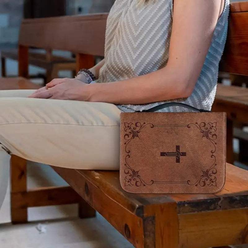 Classic Print Bible Bag – PU Leather Zippered Carrying Case with Handle