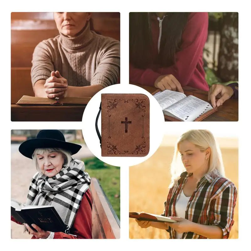 Classic Print Bible Bag – PU Leather Zippered Carrying Case with Handle