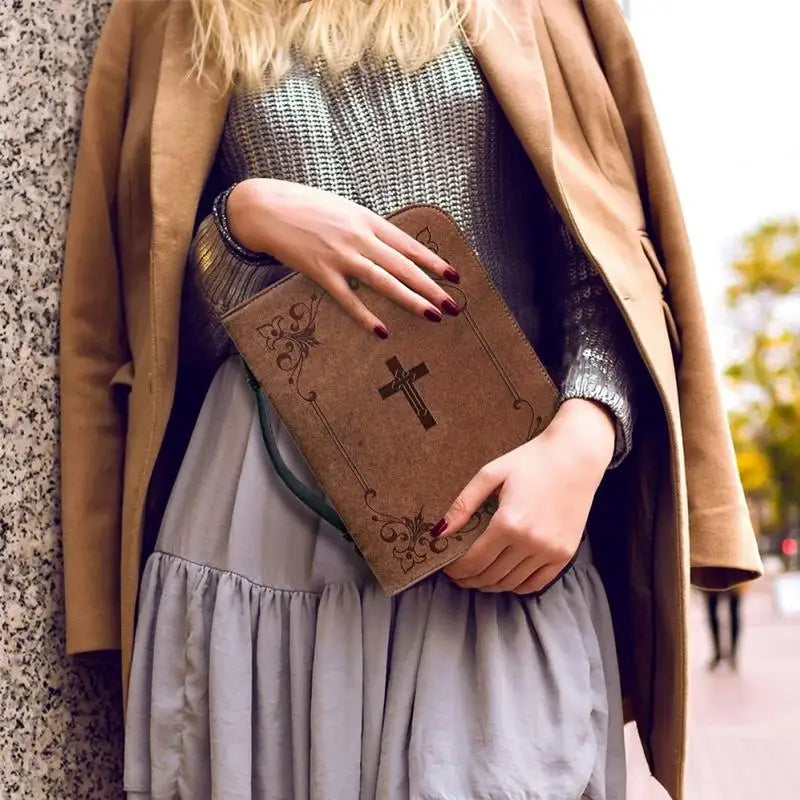 Classic Print Bible Bag – PU Leather Zippered Carrying Case with Handle