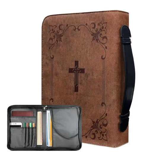 Classic Print Bible Bag – PU Leather Zippered Carrying Case with Handle