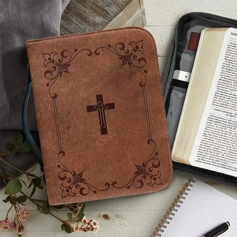 Classic Print Bible Bag – PU Leather Zippered Carrying Case with Handle